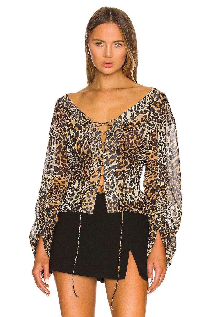 LPA Gerry Top Lillia Leo Leopard Lace Up Sheer Y2K Party Evening Streetwear S